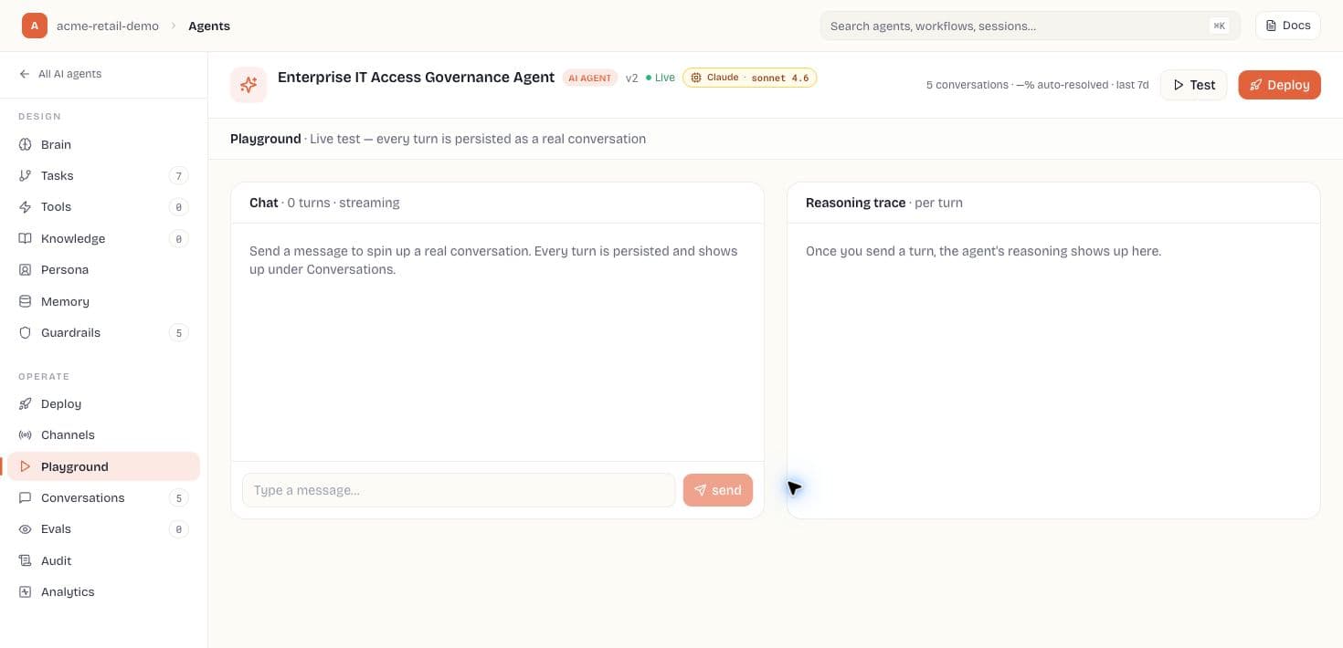 AI Agent Playground with chat area and reasoning trace panel