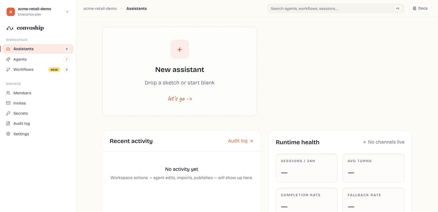 Convoship Studio workspace showing the Assistants dashboard and main navigation