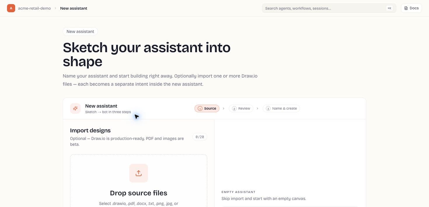 Import source step with upload, Draw.io paste, AI extraction toggle, and blank assistant option