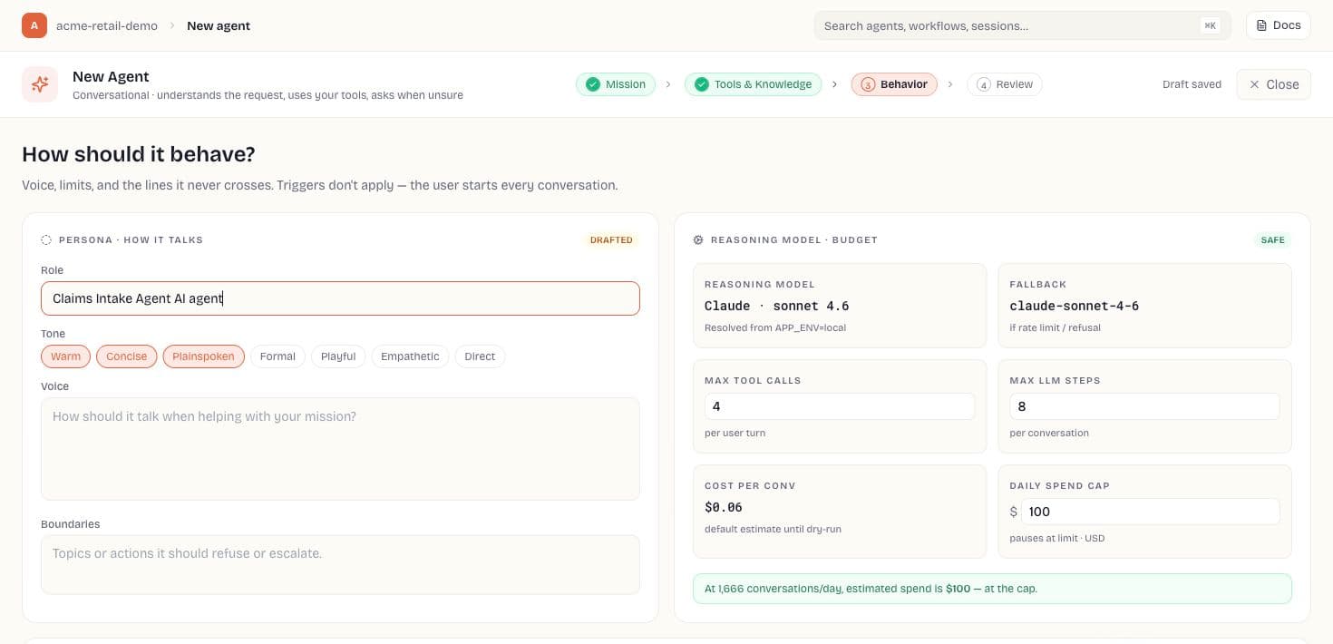 New Agent wizard Behavior step with persona, model budget, and guardrail settings