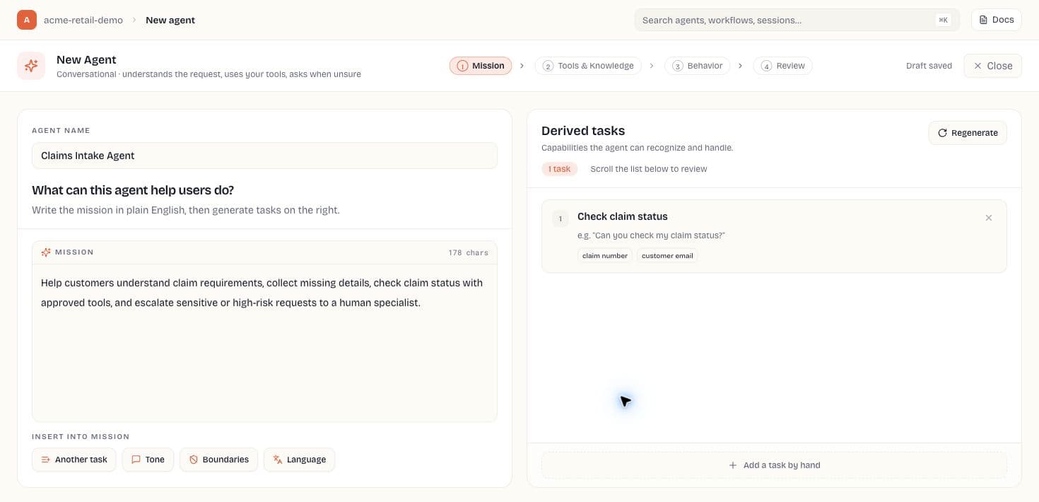 New Agent wizard Mission step with a filled mission and derived task