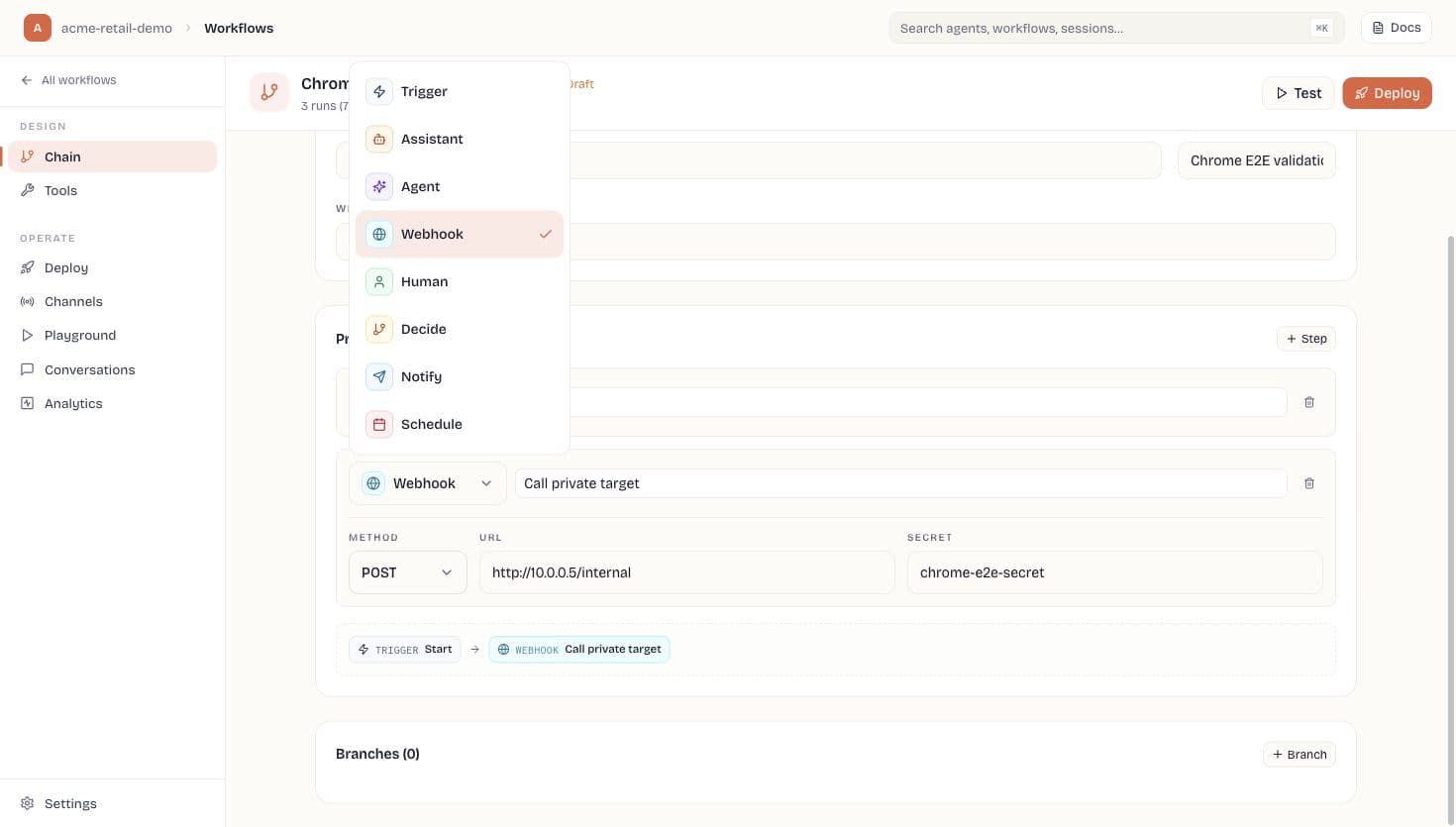 Chain editor configured with primary primitive steps and a branch